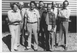 Blast from the Past – 1982 Tour of the Murray Mallee - by Train.From left, Ken Lyons (AWB), Herb Petras (ABB), Duke Acton (SACBH), Harry Philbey (SACBH), Manager (ANR), John Tansell (ABB), Andrew Inglis (UFS Grains Section)